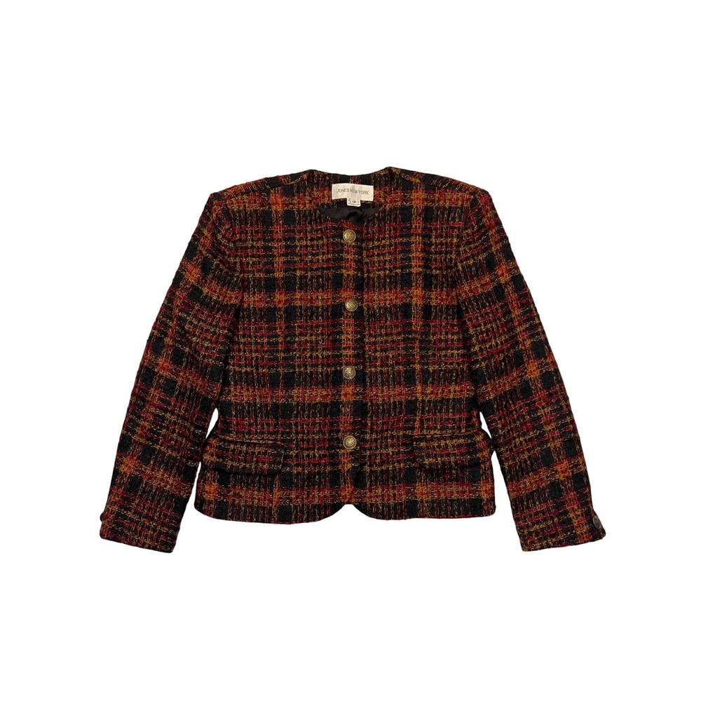 Jones New York Vintage Red Black Gold Boucle Wool Plaid Blazer NWT Size 12